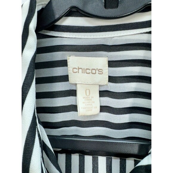 Chicos Semi Sheer Button Top Womens 0/Small Black White Stripe Side Tie 3/4 Slv - Picture 10 of 13